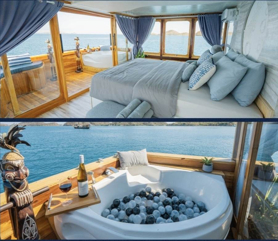 kabin mewah kapal phinisi Labuan Bajo dengan bathtub dan pemandangan laut untuk pengalaman menginap